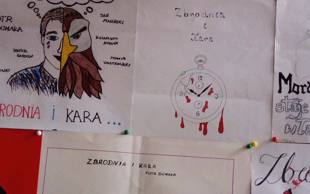 Afisze filmowe do „Zbrodni i kary” autorstwa uczniów z klasy 1C